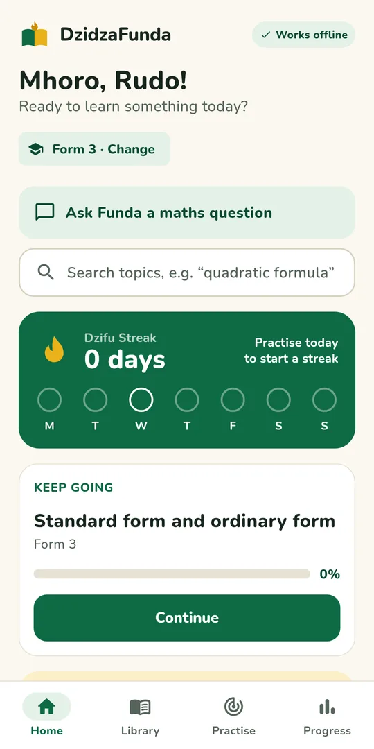 The DzidzaFunda home screen with a daily streak and a Keep going card