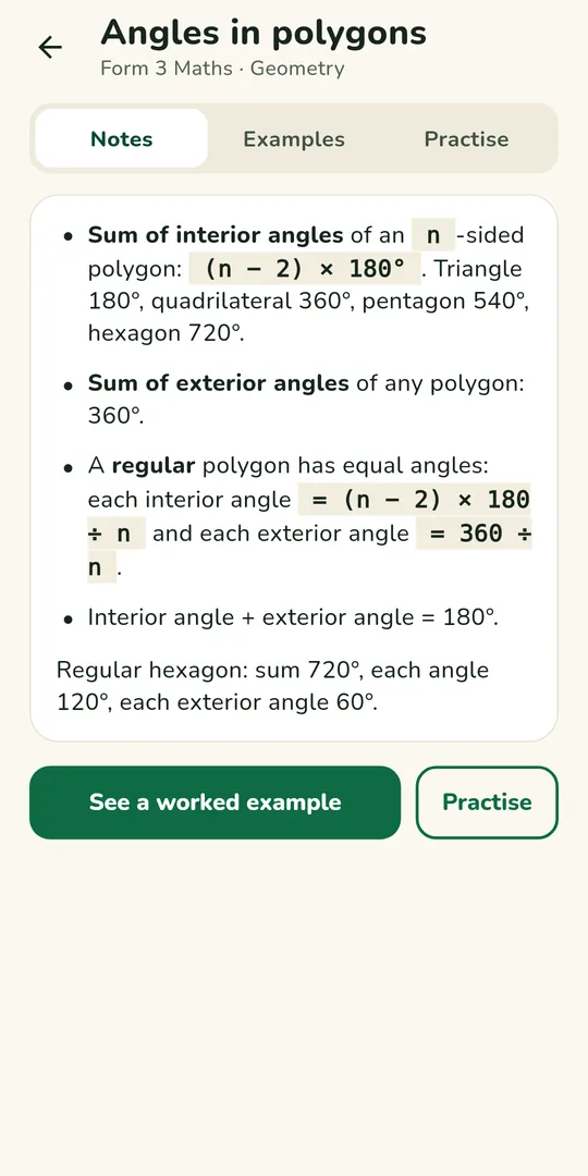 A topic page with notes in plain words and a worked example button